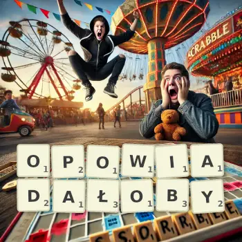 Kreatywna ilustracja do gry w Scrabble ze słowem OPOWIADAŁOBY ułożonym z płytek na planszy.