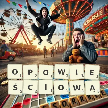 Kreatywna ilustracja do gry w Scrabble ze słowem OPOWIEŚCIOWĄ ułożonym z płytek na planszy.