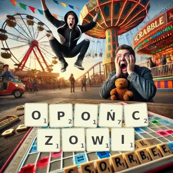 Kreatywna ilustracja do gry w Scrabble ze słowem OPOŃCZOWI ułożonym z płytek na planszy.