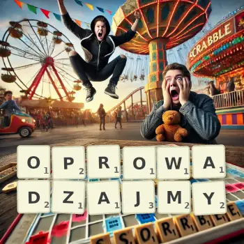 Kreatywna ilustracja do gry w Scrabble ze słowem OPROWADZAJMY ułożonym z płytek na planszy.