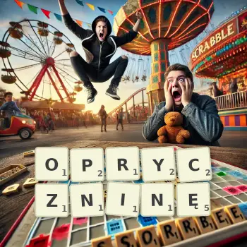 Kreatywna ilustracja do gry w Scrabble ze słowem OPRYCZNINĘ ułożonym z płytek na planszy.