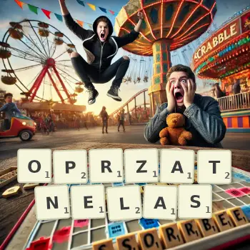 Kreatywna ilustracja do gry w Scrabble ze słowem OPRZATNELAS ułożonym z płytek na planszy.