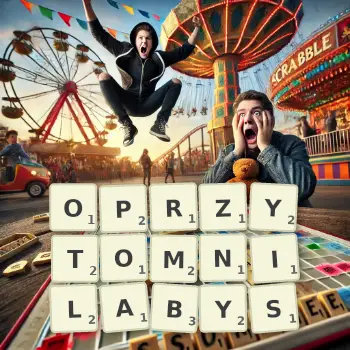 Kreatywna ilustracja do gry w Scrabble ze słowem OPRZYTOMNILABYS ułożonym z płytek na planszy.