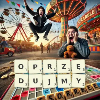 Kreatywna ilustracja do gry w Scrabble ze słowem OPRZĘDUJMY ułożonym z płytek na planszy.