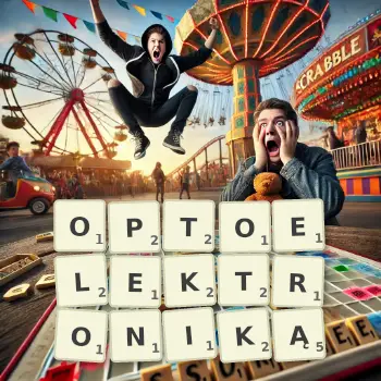 Kreatywna ilustracja do gry w Scrabble ze słowem OPTOELEKTRONIKĄ ułożonym z płytek na planszy.