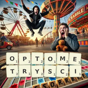 Kreatywna ilustracja do gry w Scrabble ze słowem OPTOMETRYSCI ułożonym z płytek na planszy.