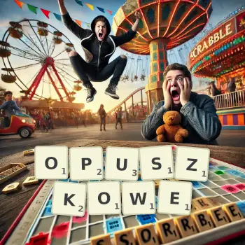Kreatywna ilustracja do gry w Scrabble ze słowem OPUSZKOWE ułożonym z płytek na planszy.