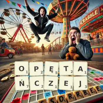 Kreatywna ilustracja do gry w Scrabble ze słowem OPĘTAŃCZEJ ułożonym z płytek na planszy.