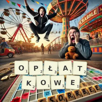 Kreatywna ilustracja do gry w Scrabble ze słowem OPŁATKOWE ułożonym z płytek na planszy.