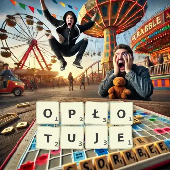 Kreatywna ilustracja do gry w Scrabble ze słowem OPŁOTUJE ułożonym z płytek na planszy.