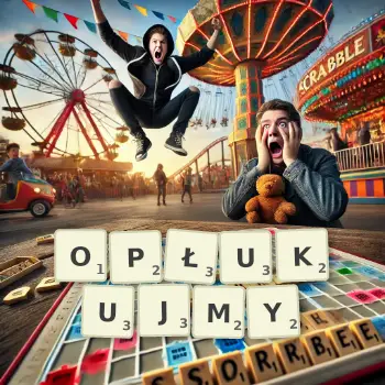 Kreatywna ilustracja do gry w Scrabble ze słowem OPŁUKUJMY ułożonym z płytek na planszy.