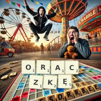Kreatywna ilustracja do gry w Scrabble ze słowem ORACZKĘ ułożonym z płytek na planszy.