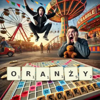 Kreatywna ilustracja do gry w Scrabble ze słowem ORANŻY ułożonym z płytek na planszy.