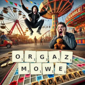 Kreatywna ilustracja do gry w Scrabble ze słowem ORGAZMOWE ułożonym z płytek na planszy.