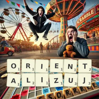 Kreatywna ilustracja do gry w Scrabble ze słowem ORIENTALIZUJ ułożonym z płytek na planszy.