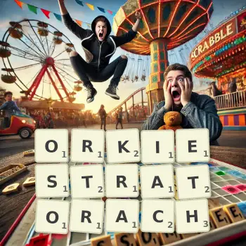 Kreatywna ilustracja do gry w Scrabble ze słowem ORKIESTRATORACH ułożonym z płytek na planszy.