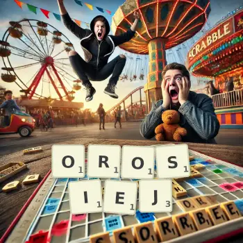 Kreatywna ilustracja do gry w Scrabble ze słowem OROSIEJ ułożonym z płytek na planszy.