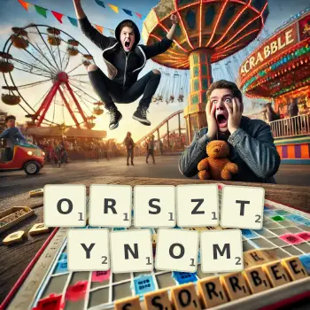 Kreatywna ilustracja do gry w Scrabble ze słowem ORSZTYNOM ułożonym z płytek na planszy.