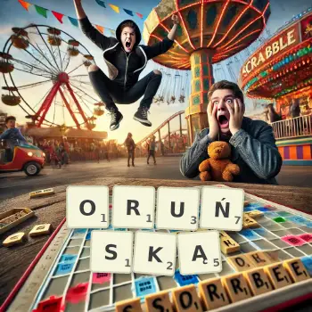Kreatywna ilustracja do gry w Scrabble ze słowem ORUŃSKĄ ułożonym z płytek na planszy.