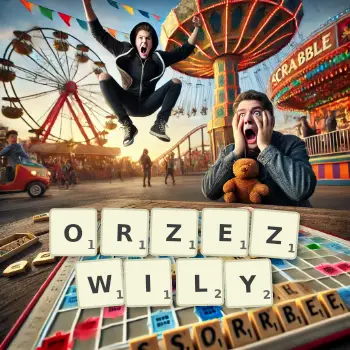 Kreatywna ilustracja do gry w Scrabble ze słowem ORZEZWILY ułożonym z płytek na planszy.