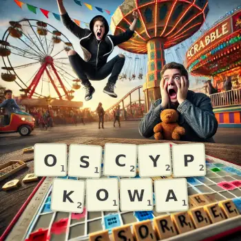 Kreatywna ilustracja do gry w Scrabble ze słowem OSCYPKOWA ułożonym z płytek na planszy.