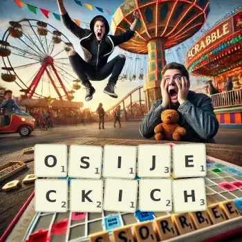 Kreatywna ilustracja do gry w Scrabble ze słowem OSIJECKICH ułożonym z płytek na planszy.