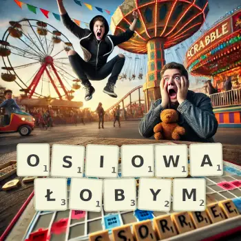 Kreatywna ilustracja do gry w Scrabble ze słowem OSIOWAŁOBYM ułożonym z płytek na planszy.