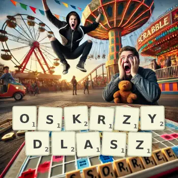 Kreatywna ilustracja do gry w Scrabble ze słowem OSKRZYDLASZ ułożonym z płytek na planszy.