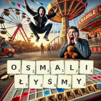 Kreatywna ilustracja do gry w Scrabble ze słowem OSMALIŁYŚMY ułożonym z płytek na planszy.