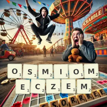 Kreatywna ilustracja do gry w Scrabble ze słowem OSMIOMECZEM ułożonym z płytek na planszy.