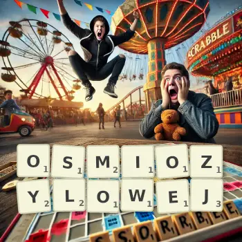 Kreatywna ilustracja do gry w Scrabble ze słowem OSMIOZYLOWEJ ułożonym z płytek na planszy.