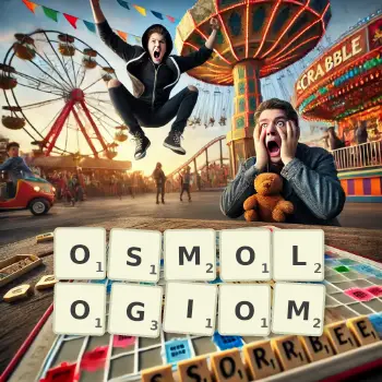 Kreatywna ilustracja do gry w Scrabble ze słowem OSMOLOGIOM ułożonym z płytek na planszy.