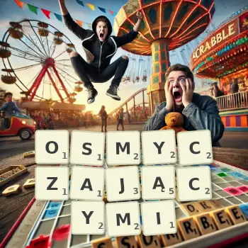 Kreatywna ilustracja do gry w Scrabble ze słowem OSMYCZAJĄCYMI ułożonym z płytek na planszy.
