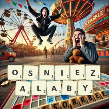 Kreatywna ilustracja do gry w Scrabble ze słowem OSNIEZALABY ułożonym z płytek na planszy.