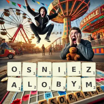 Kreatywna ilustracja do gry w Scrabble ze słowem OSNIEZALOBYM ułożonym z płytek na planszy.