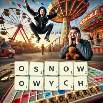 Kreatywna ilustracja do gry w Scrabble ze słowem OSNOWOWYCH ułożonym z płytek na planszy.
