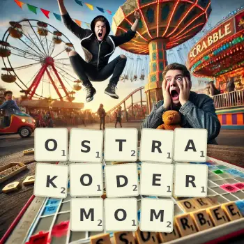 Kreatywna ilustracja do gry w Scrabble ze słowem OSTRAKODERMOM ułożonym z płytek na planszy.