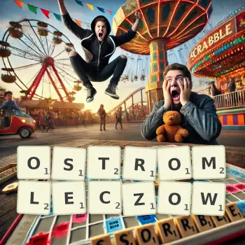 Kreatywna ilustracja do gry w Scrabble ze słowem OSTROMLECZOW ułożonym z płytek na planszy.