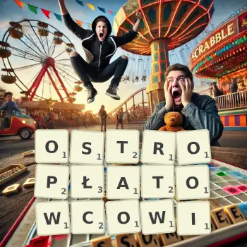 Kreatywna ilustracja do gry w Scrabble ze słowem OSTROPŁATOWCOWI ułożonym z płytek na planszy.
