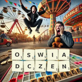 Kreatywna ilustracja do gry w Scrabble ze słowem OSWIADCZEN ułożonym z płytek na planszy.