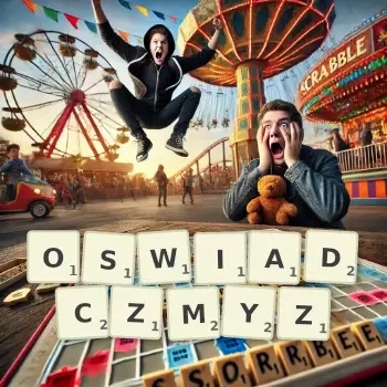 Kreatywna ilustracja do gry w Scrabble ze słowem OSWIADCZMYZ ułożonym z płytek na planszy.