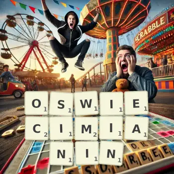 Kreatywna ilustracja do gry w Scrabble ze słowem OSWIECIMIANIN ułożonym z płytek na planszy.