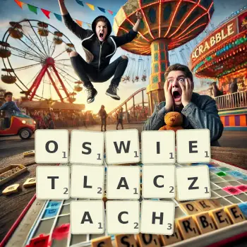 Kreatywna ilustracja do gry w Scrabble ze słowem OSWIETLACZACH ułożonym z płytek na planszy.