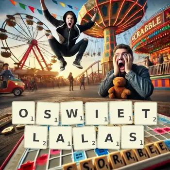 Kreatywna ilustracja do gry w Scrabble ze słowem OSWIETLALAS ułożonym z płytek na planszy.