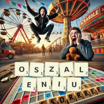 Kreatywna ilustracja do gry w Scrabble ze słowem OSZALENIU ułożonym z płytek na planszy.