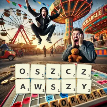 Kreatywna ilustracja do gry w Scrabble ze słowem OSZCZAWSZY ułożonym z płytek na planszy.