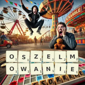 Kreatywna ilustracja do gry w Scrabble ze słowem OSZELMOWANIE ułożonym z płytek na planszy.