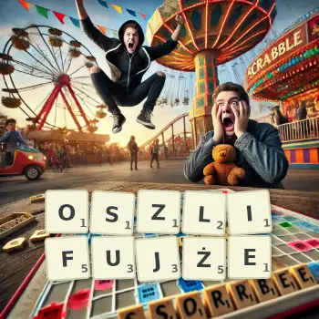 Kreatywna ilustracja do gry w Scrabble ze słowem OSZLIFUJŻE ułożonym z płytek na planszy.