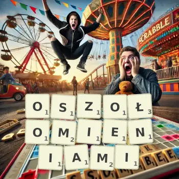 Kreatywna ilustracja do gry w Scrabble ze słowem OSZOŁOMIENIAMI ułożonym z płytek na planszy.