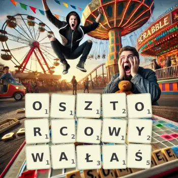 Kreatywna ilustracja do gry w Scrabble ze słowem OSZTORCOWYWAŁAŚ ułożonym z płytek na planszy.